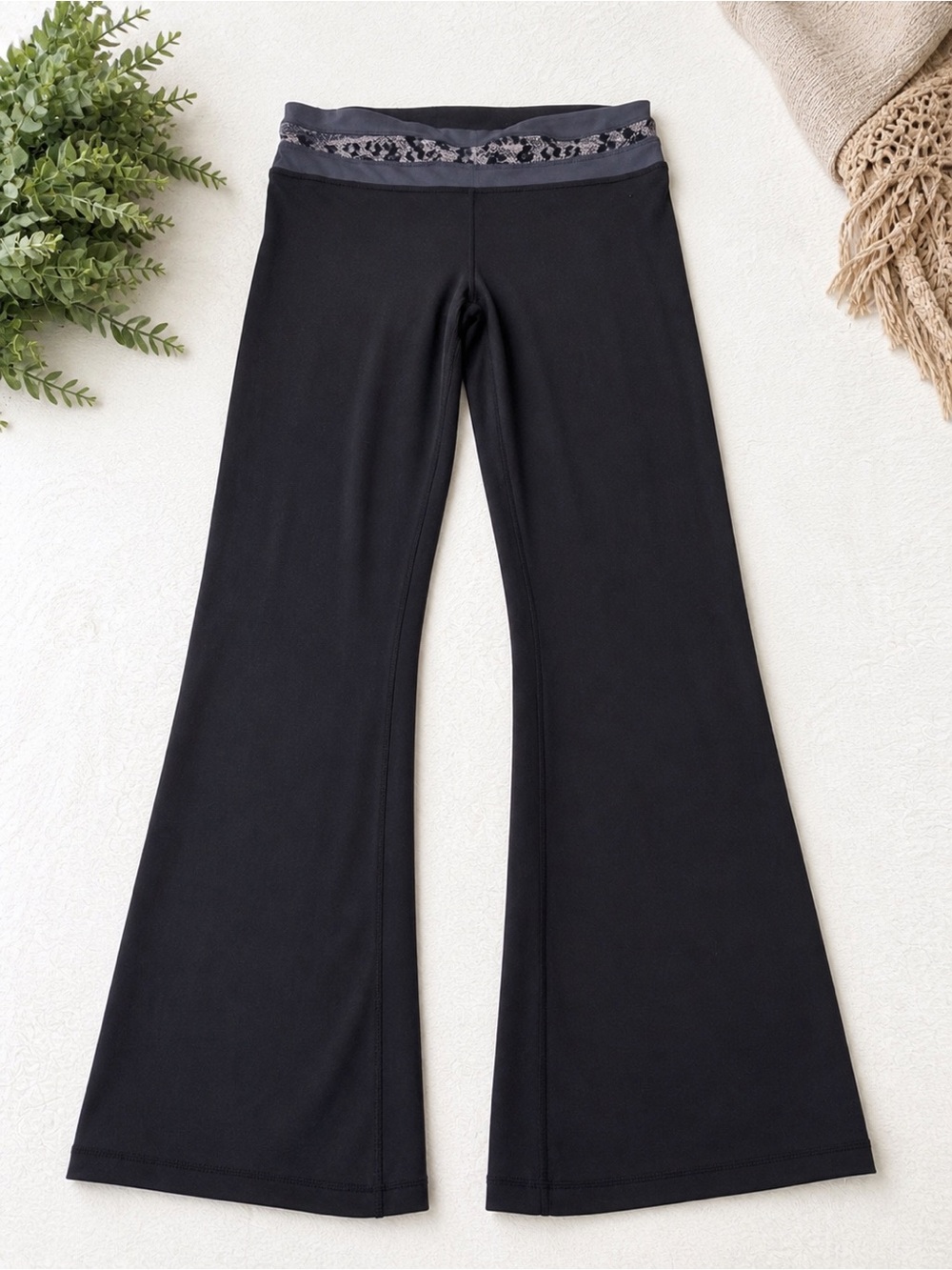 Black Flared Yoga Pants with Patterned Waistband